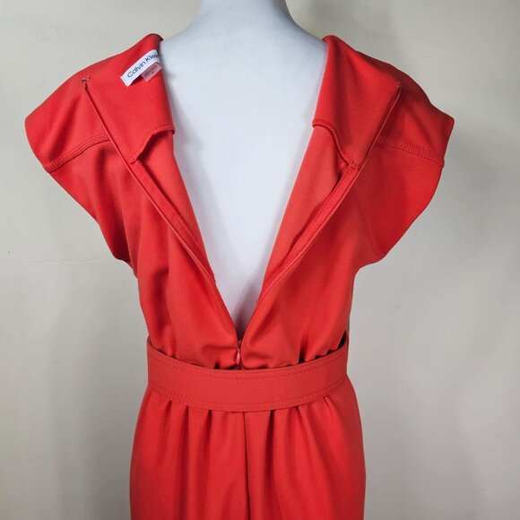 Calvin Klein Red Belted Knee Length Dress Sz 6 Elastic Waist Stretch Cap Sleeve - Picture 5 of 13